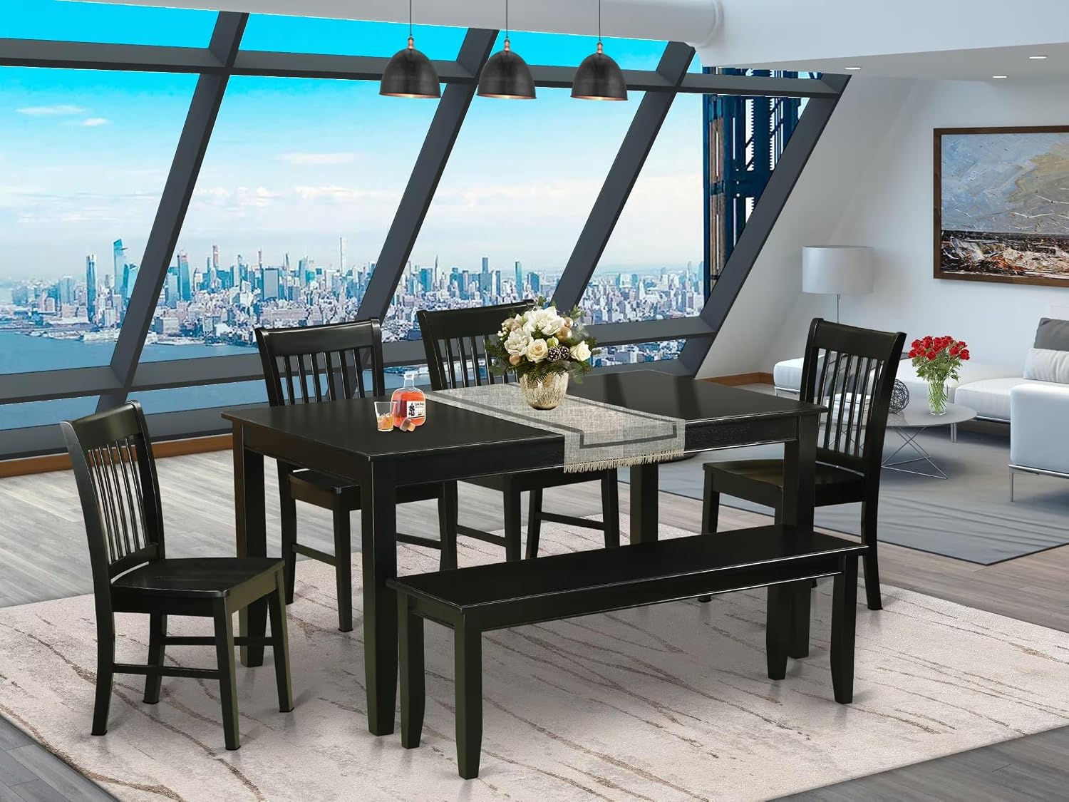 East West Furniture DUNO6-BLK-W 6 Piece Kitchen Table & Chairs Set Contains a Rectangle Dining Table and 4 Dining Room Chairs with a Bench, 36x60 Inch, Black