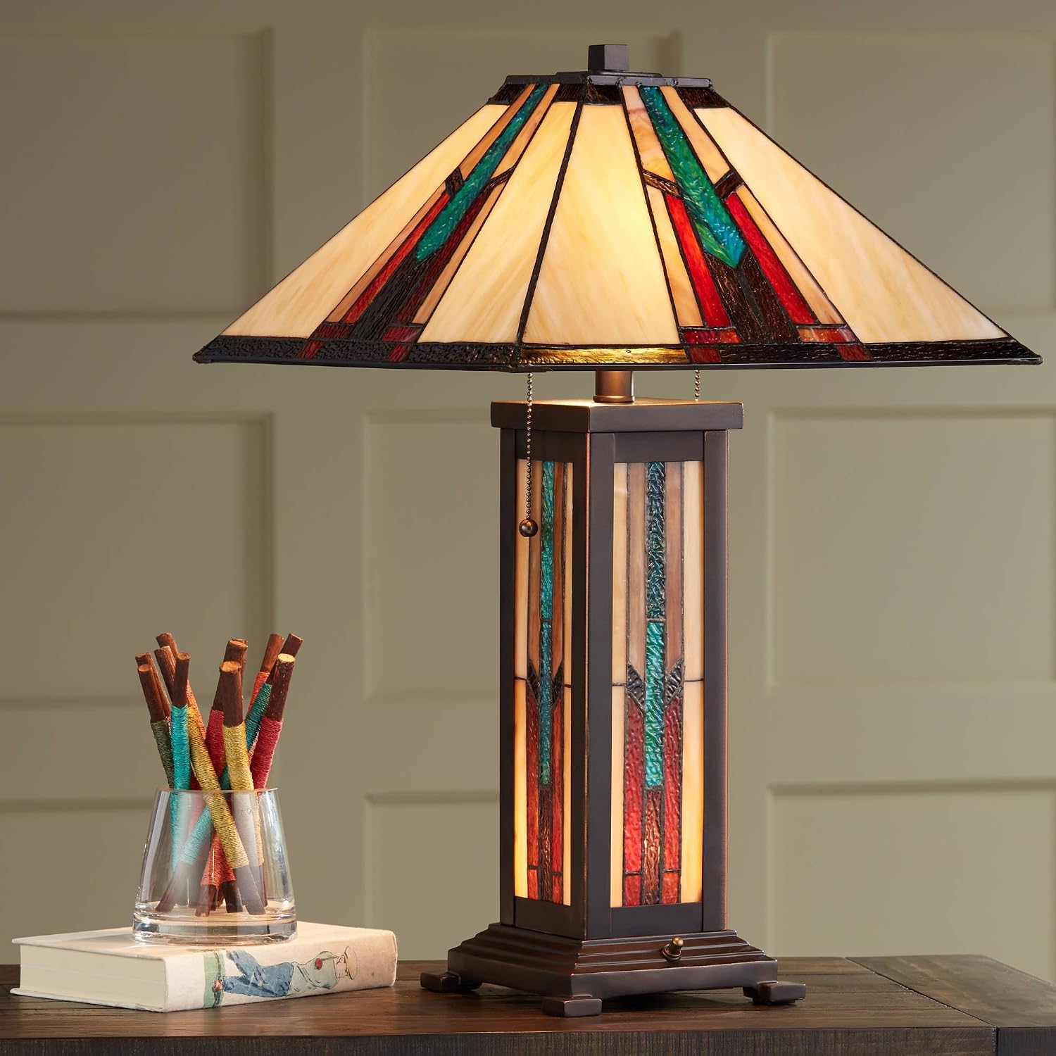 Robert Louis Tiffany Ranier Mission Tiffany Style Table Lamp with Nightlight 25' High Bronze Brown Antique Stained Art Glass for Cottage Core Living Room Bedroom House Bedside Nightstand Home Family