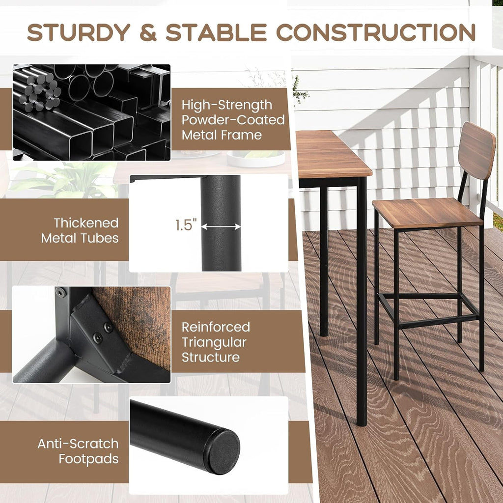 Giantex 5-Piece Dining Table Set W/Counter Height Table & 4 Bar Stools, Industrial Kitchen Dining Table Set W/Footrest & Backrest, Space-Saving Dinette Set for Pub, Dining Room, Restaurant (Teak)