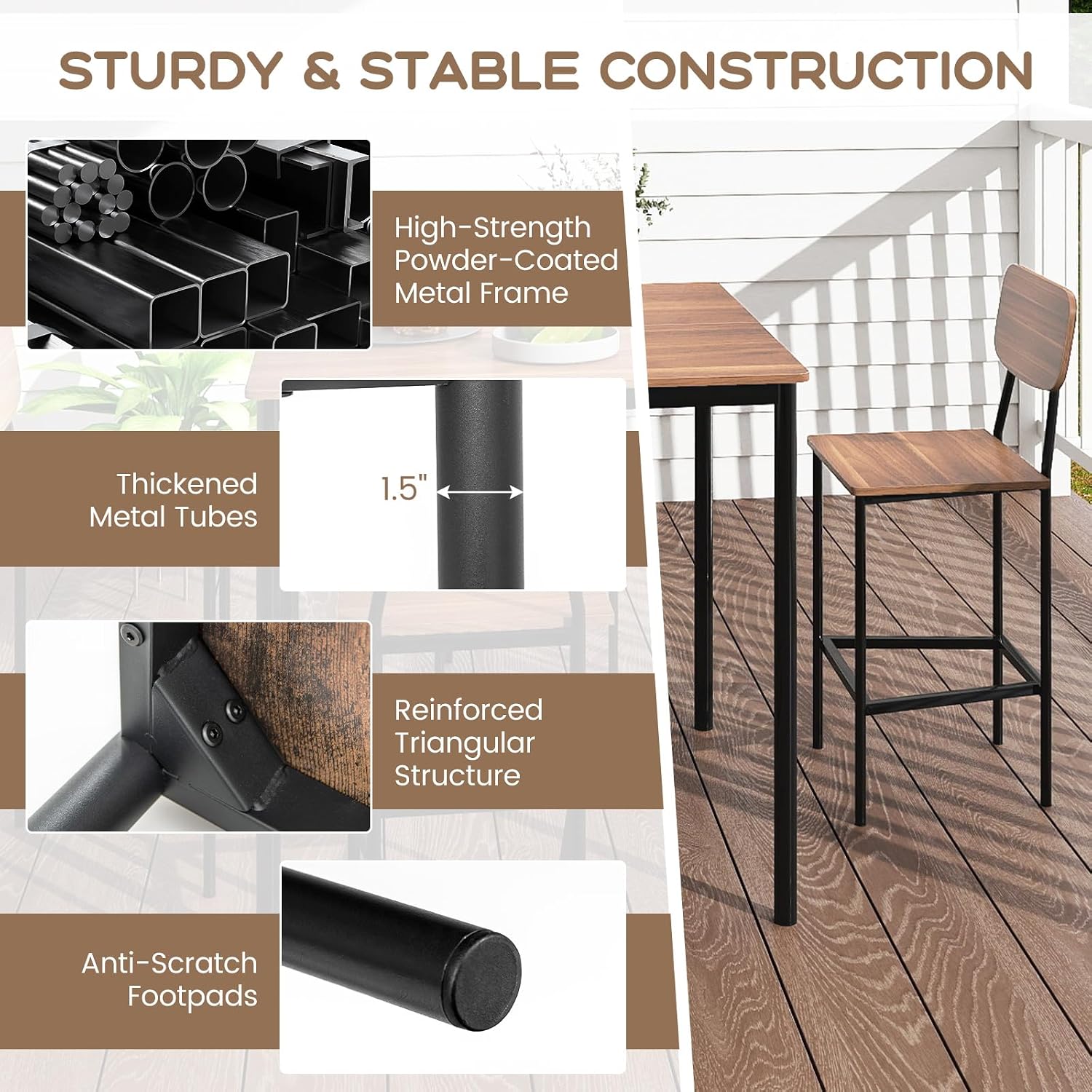 Giantex 5-Piece Dining Table Set W/Counter Height Table & 4 Bar Stools, Industrial Kitchen Dining Table Set W/Footrest & Backrest, Space-Saving Dinette Set for Pub, Dining Room, Restaurant (Teak)