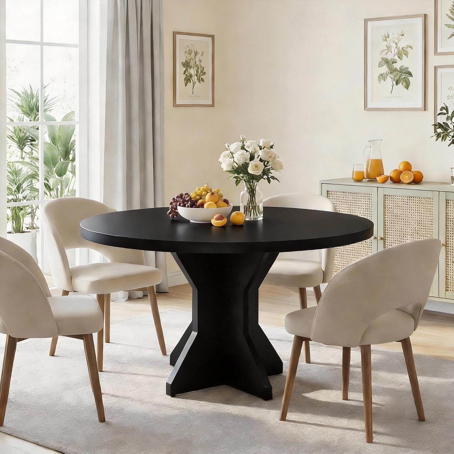 IDEALHOUSE Round Dining Table, 47' Kitchen Table for 4-6 People, Circle Tables with Sturdy Pedestal Base, Space Saving Dinning Room Furniture for Living Room, Kitchen, Apartment, Black