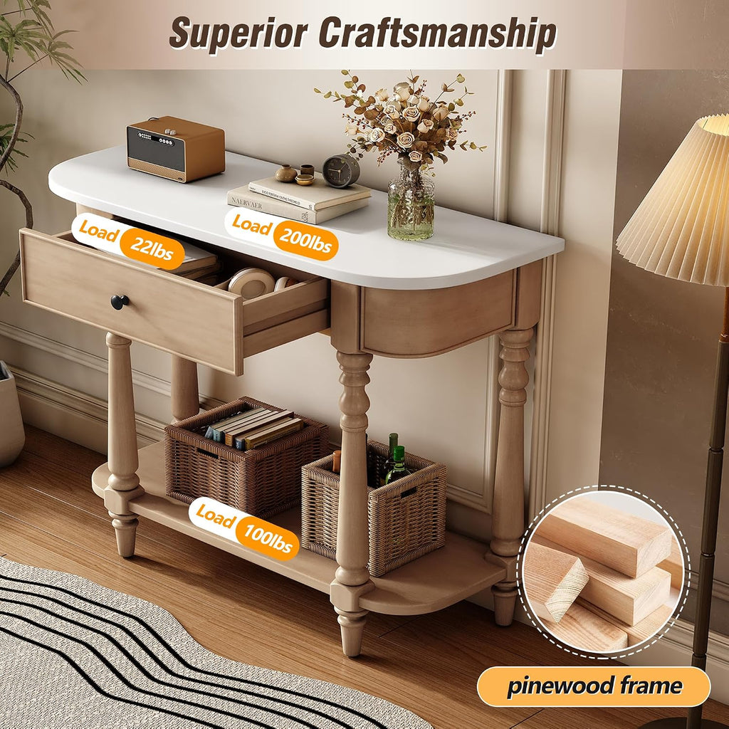 LKTART Small Corner-Curved Console Table,Farmhouse Entryway Table with Solid Wood Frame and Legs,Sofa Table with Drawer &Open Shelf for Behind Couch,Living Room,Hallway,Foyer(Beige+White 36')
