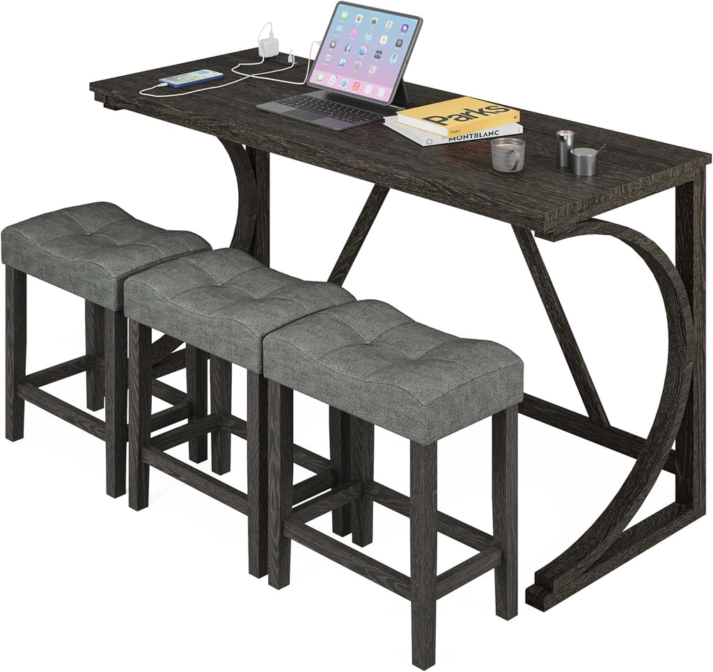 allamazing 4-Piece Counter High Bar Table Set with Socket and 3 Fabric Padded Bar Stools, Tall Kitchen Breakfast Nook with Stool, Black