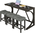 allamazing 4-Piece Counter High Bar Table Set with Socket and 3 Fabric Padded Bar Stools, Tall Kitchen Breakfast Nook with Stool, Black