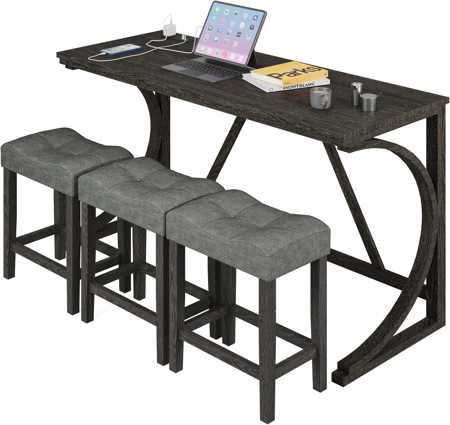 allamazing 4-Piece Counter High Bar Table Set with Socket and 3 Fabric Padded Bar Stools, Tall Kitchen Breakfast Nook with Stool, Black