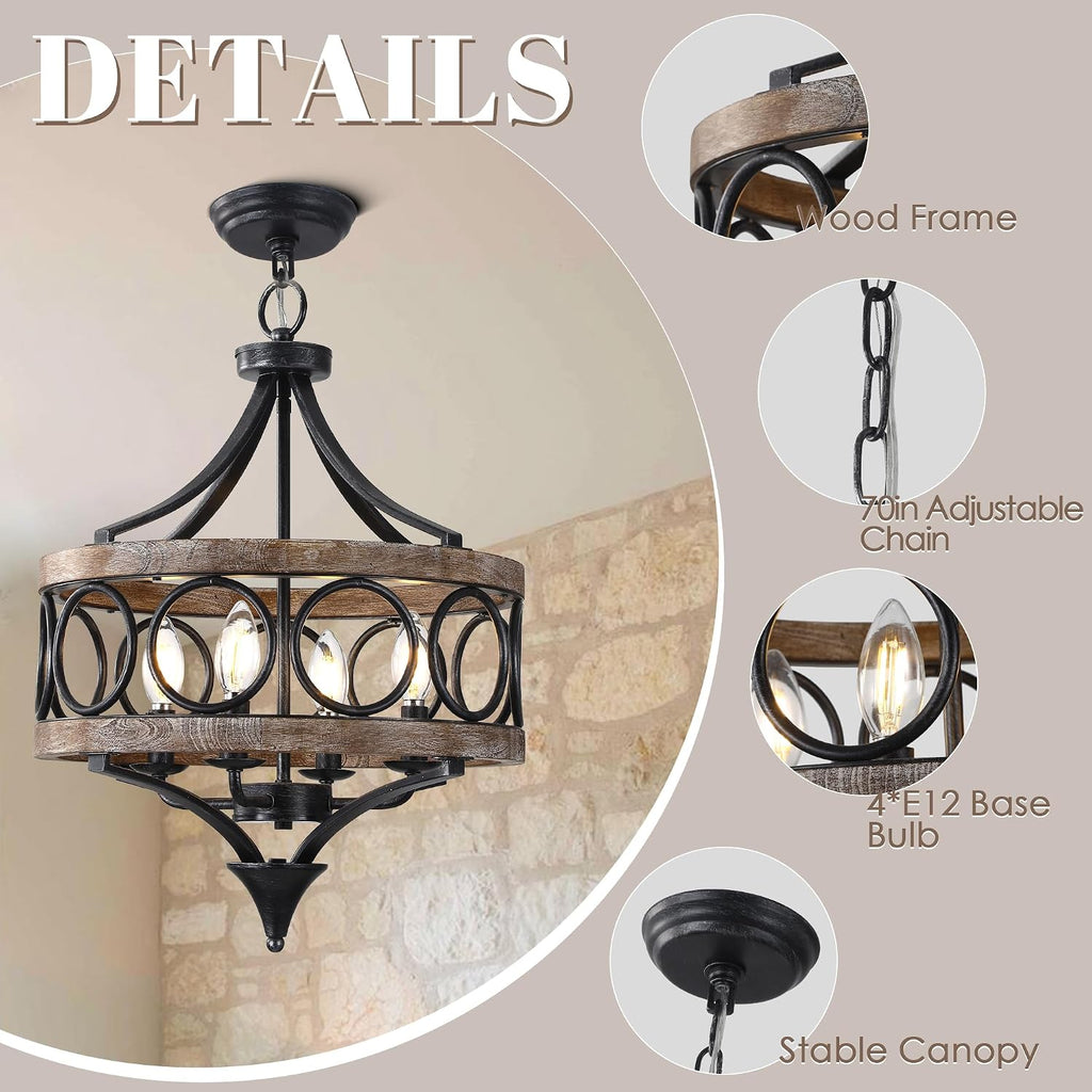 15.7' Farmhouse Chandeliers for Dining Room 4-Light Raindrop Solid Wood Antique Pendant Chandelier French Country Light Fixture for Living Room Bedroom Foyer Kitchen Island Entryway