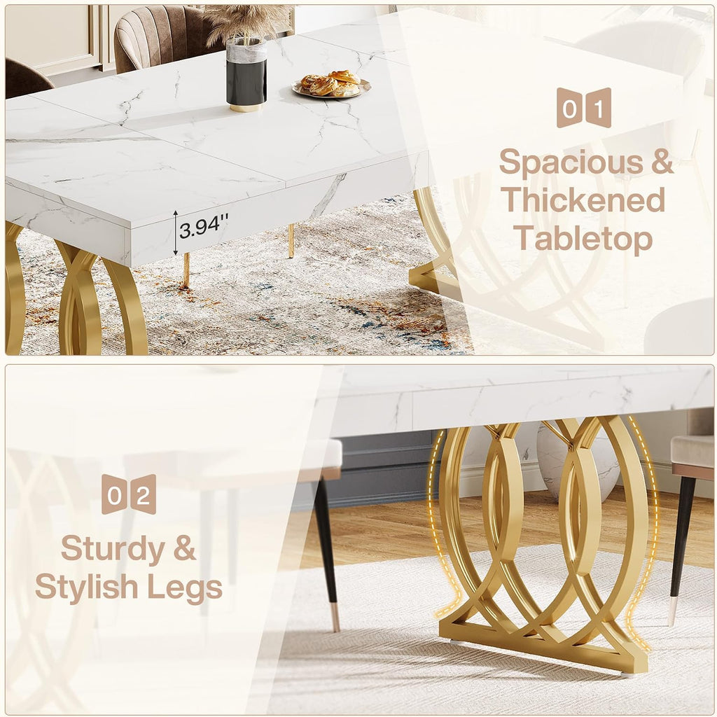 Tribesigns 63-Inch Dining Table for 4-6, Modern Kitchen Table with Faux Marble Tabletop and Geometric Legs, Rectangle Dining Room Furniture for Living Room, Kitchen, White and Gold