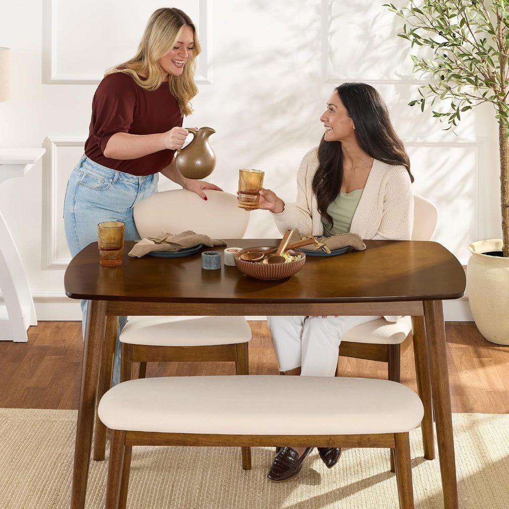 Best Choice Products 4-Piece Mid-Century Modern Wood Dining Kitchen Table & Chair Set w/ 2 Upholstered Chairs, Bench Seat - Walnut/Cream