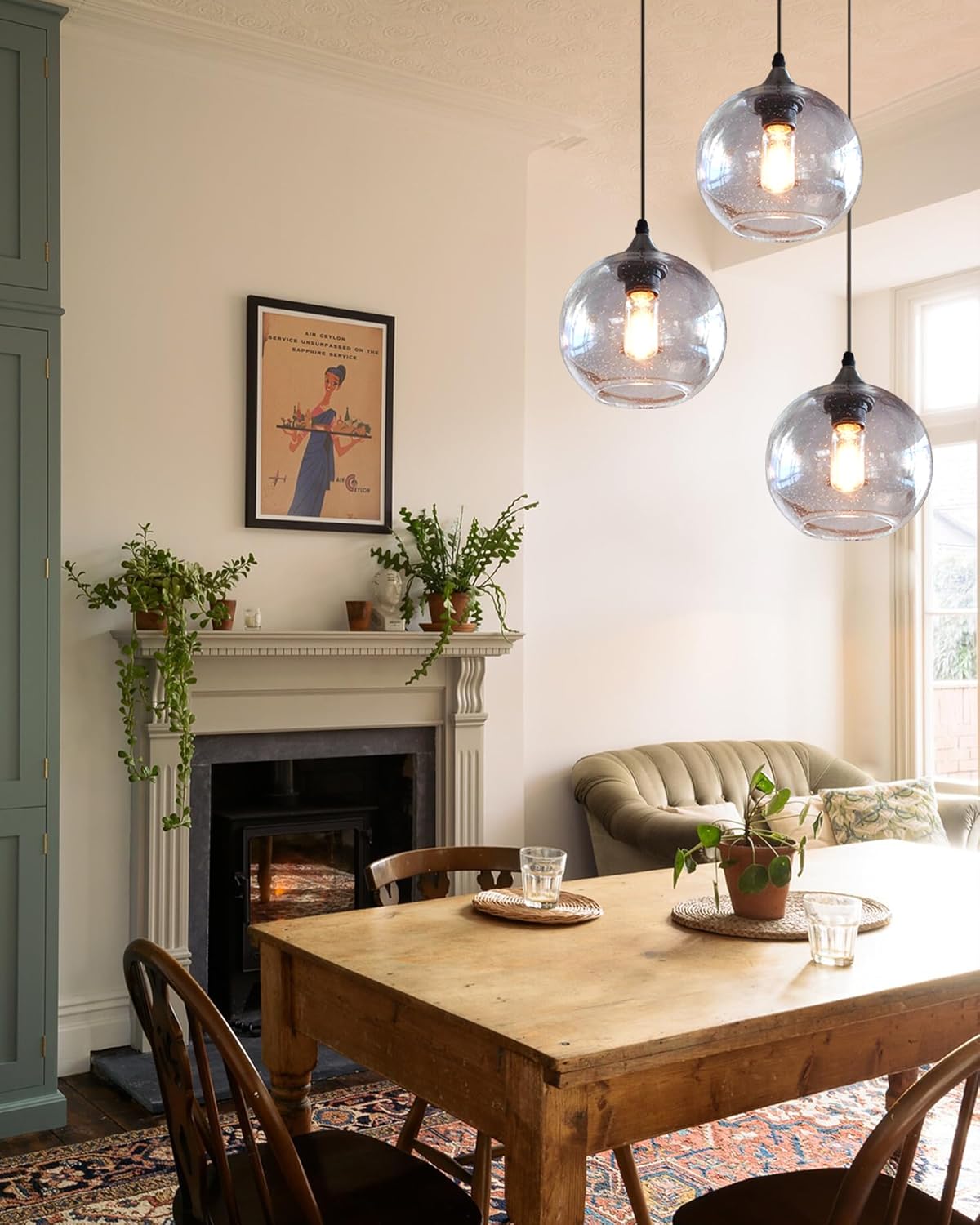 Globe Pendant Lights Kitchen Island 3 Pack Hand Blown Glass Modern Rustic Lighting Clear Seeded Bubbles Dining Room Table Coffee Bar Counter Brushed Nickel Lamp 7.4 Inch Diam