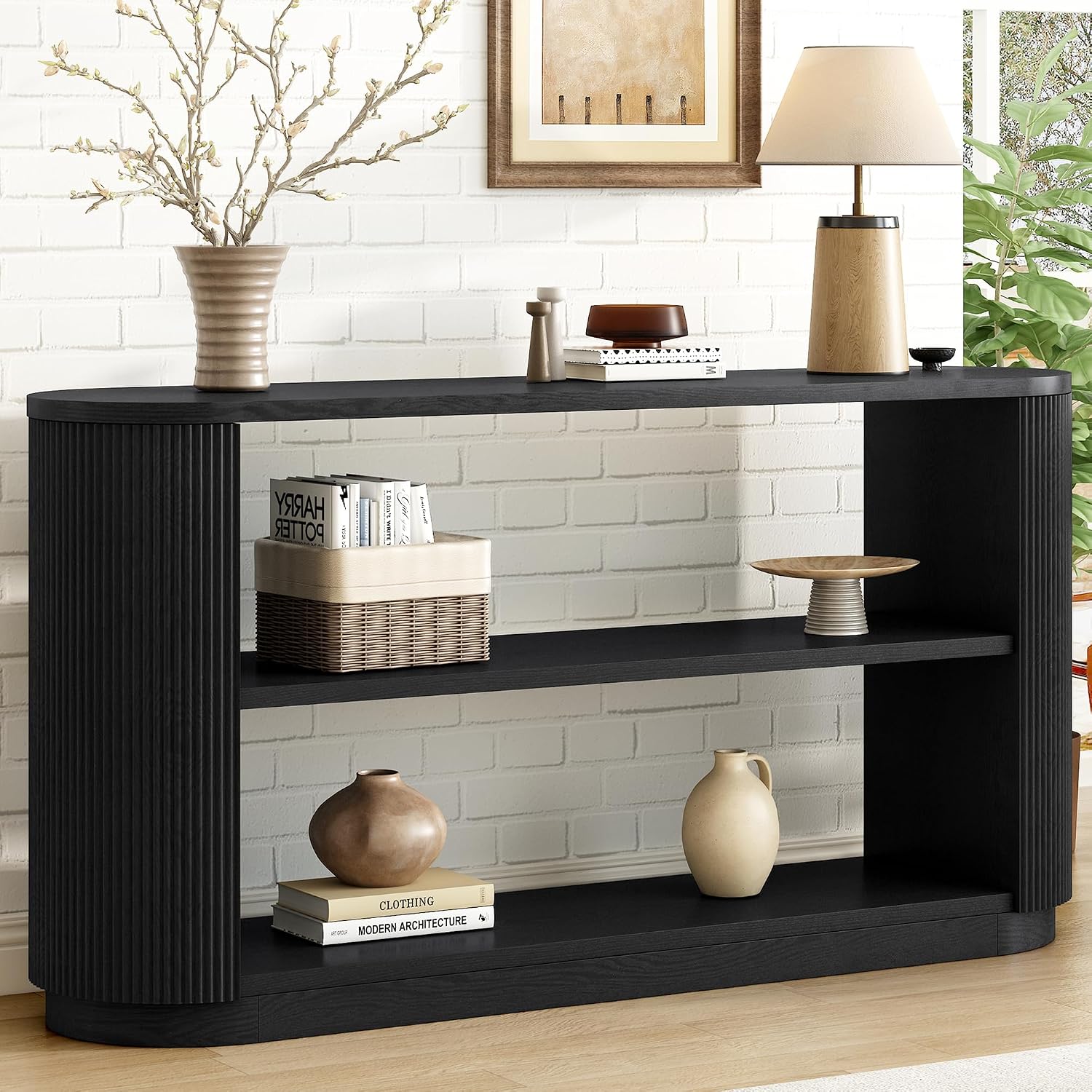 Modern Curved Console Table 59-Inch Oval Fluted Entry Sofa Table with Open Storage Shelves for Living Room Entryway Hallway Furniture, Black
