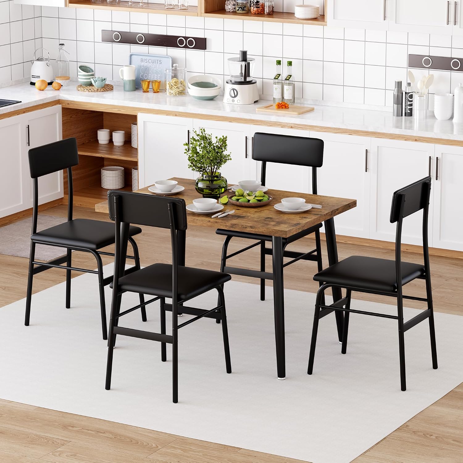 IDEALHOSUE Dining Table Set for 4, 5 Piece Kitchen Table Set with 4 Upholstered Chairs, Breakfast Table for Samll Space, Dining Room, Apartment, Restaurant, Rustic Brown