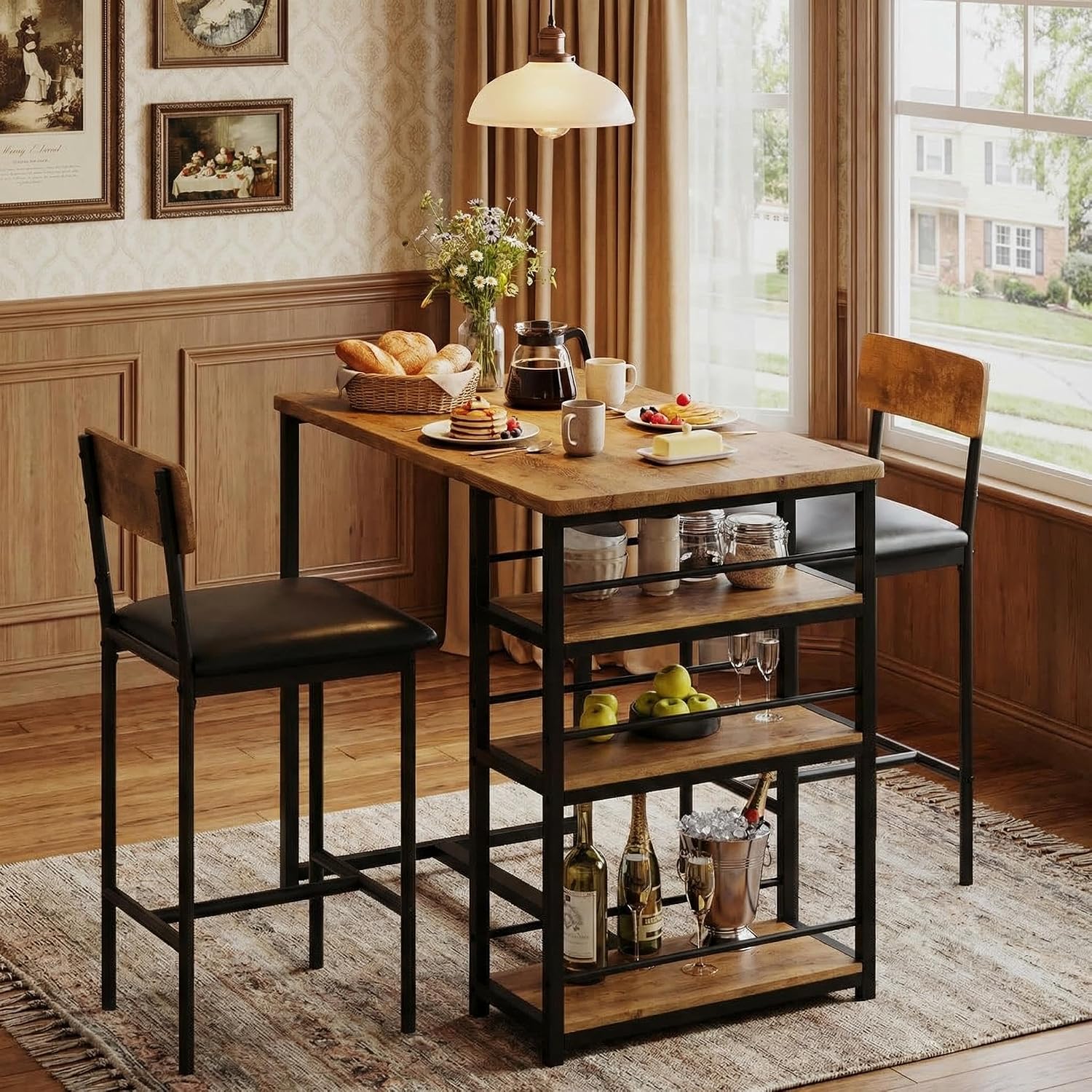 GarveeHome Dining Table Set for 2, Counter Height Kitchen Table with 2 Upholstered Bar Stools, Dining Table and Chairs Set with Storage Shelves, for Small Space, Apartment, Studio, Retro Brown