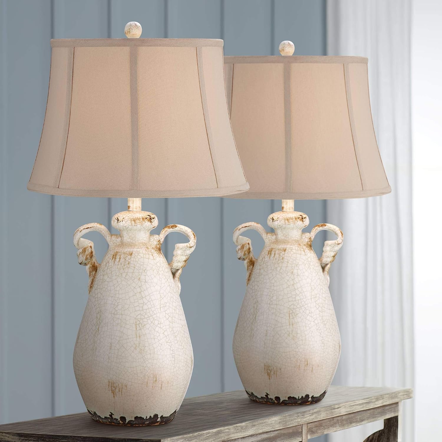 Regency Hill Isabella Rustic Country Cottage Core Table Lamps 29' Tall Set of 2 Crackled Ivory Glaze Ceramic Handles Jar Beige Bell Shade for Bedroom Living Room House Bedside Nightstand Office
