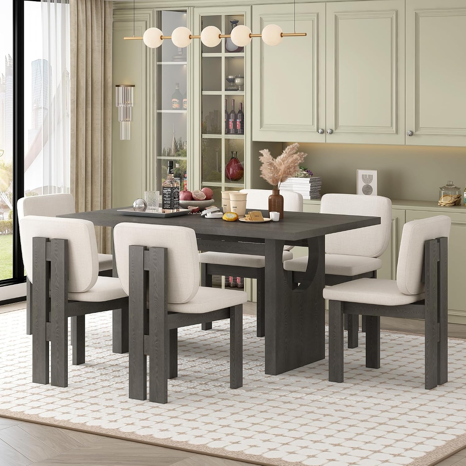 Merax Wood Dining Table Set for 6, Rectangular Tabletop/Upholstered Chairs/Retro Geometric Design, Ideal for Dining-Room and Kitchen, Grey