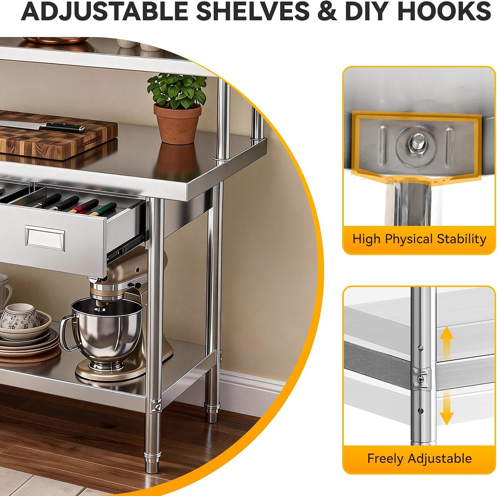 DWVO 72x24in Stainless Steel Table, NSF Metal Prep Worktable with Adjustable Overshelf & 3 Drawers for Kitchen Restaurant Hotel Garage Warehouse Home