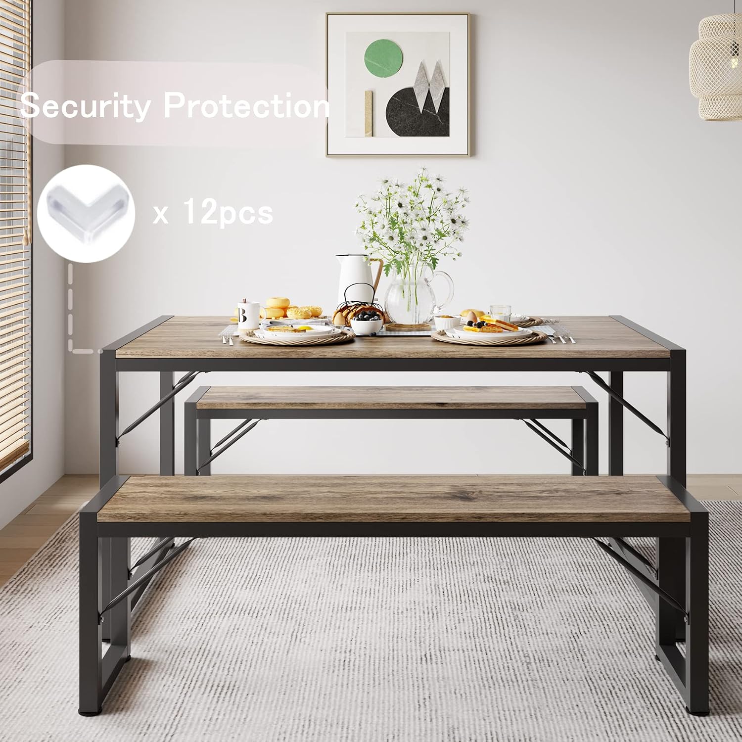 Gizoon 45.5' Dining Table Set for 4 with 2 Benches, Kitchen Table Set with Metal Frame & MDF Board, Space-Saving Dinette for Kitchen, Dining Room -Grey