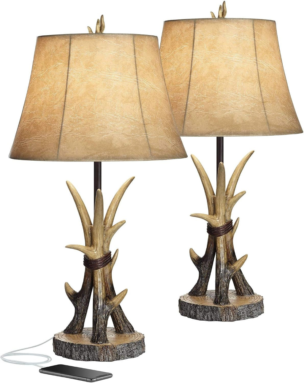 John Timberland Boone Rustic Western Cottage Core Table Lamps 27.5' Tall Set of 2 with USB Charging Port Natural Antler Bell Shade Decor for Living Room Bedroom House Bedside Nightstand Home Office