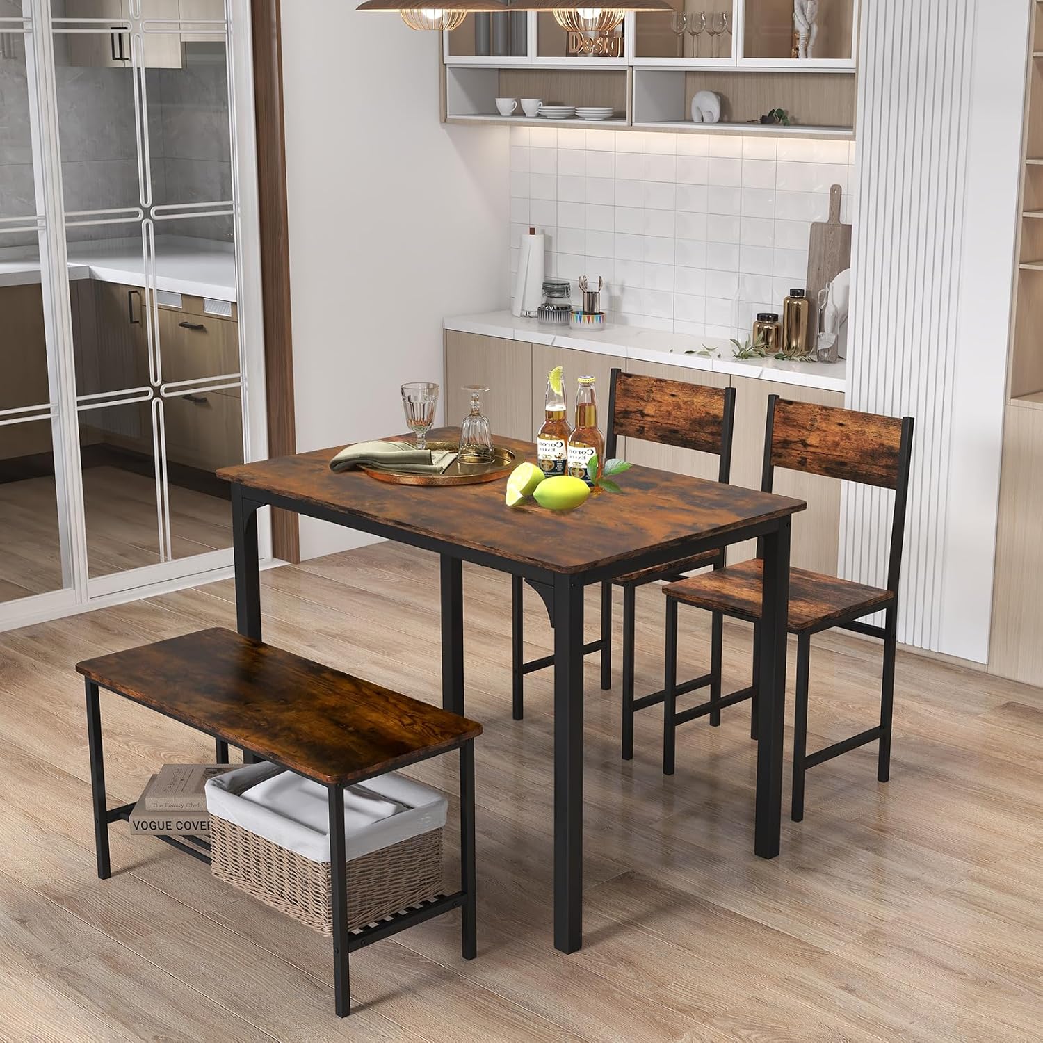 Giantex Dining Table Set for 4, Kitchen Table with Bench and Chairs, Industrial Gathering Bench Dining Set W/Metal Frame & Storage Rack, Dinette Set, Modern Functional Desk Set (Rustic Brown)