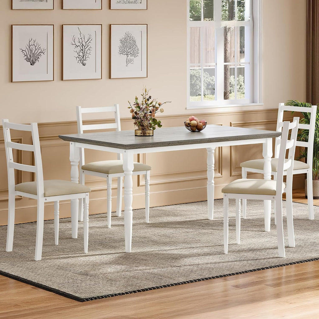 YITAHOME 5-Piece Dining Table Set for 4, Farmhouse Dining Room Table with Chairs Faux Leather Upholstered, Rectangular Kitchen Dinner Table Set for Small Spaces & Apartment, White Grey