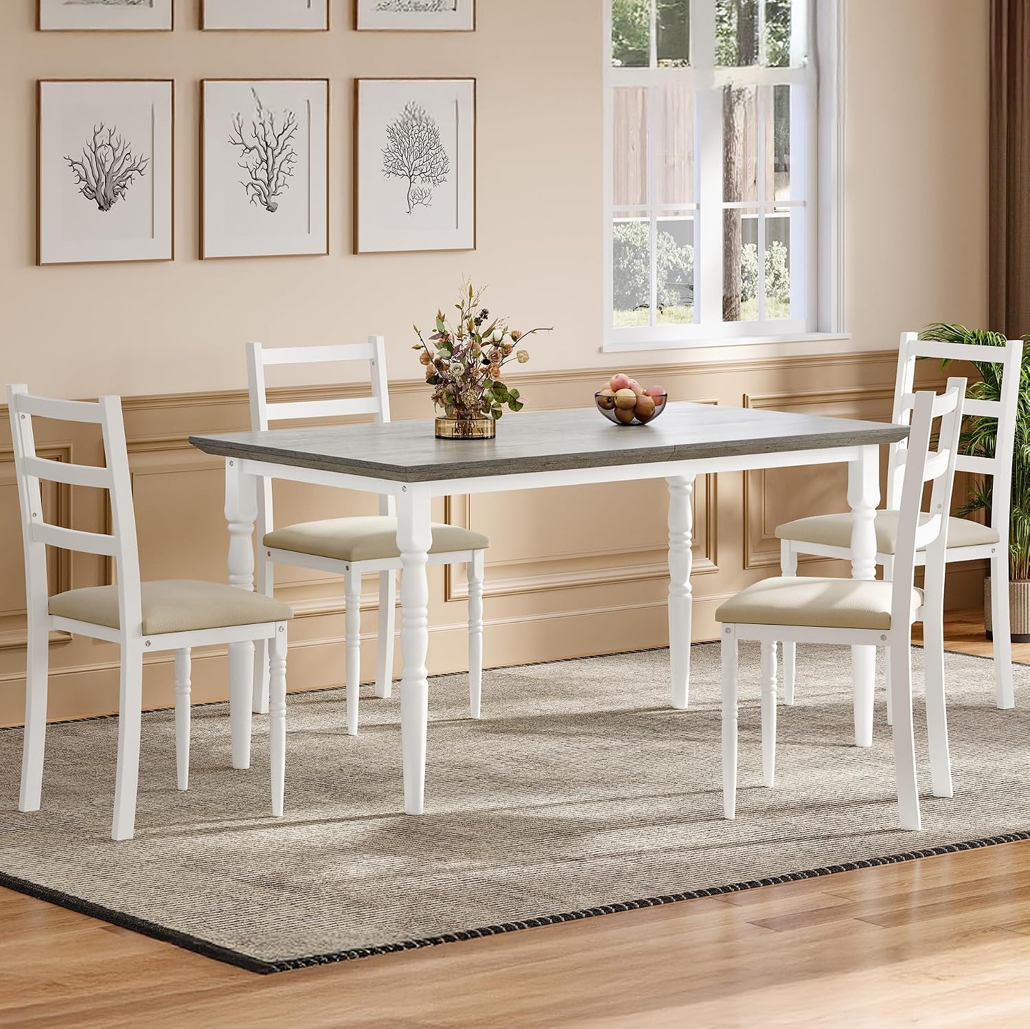 YITAHOME 5-Piece Dining Table Set for 4, Farmhouse Dining Room Table with Chairs Faux Leather Upholstered, Rectangular Kitchen Dinner Table Set for Small Spaces & Apartment, White Grey