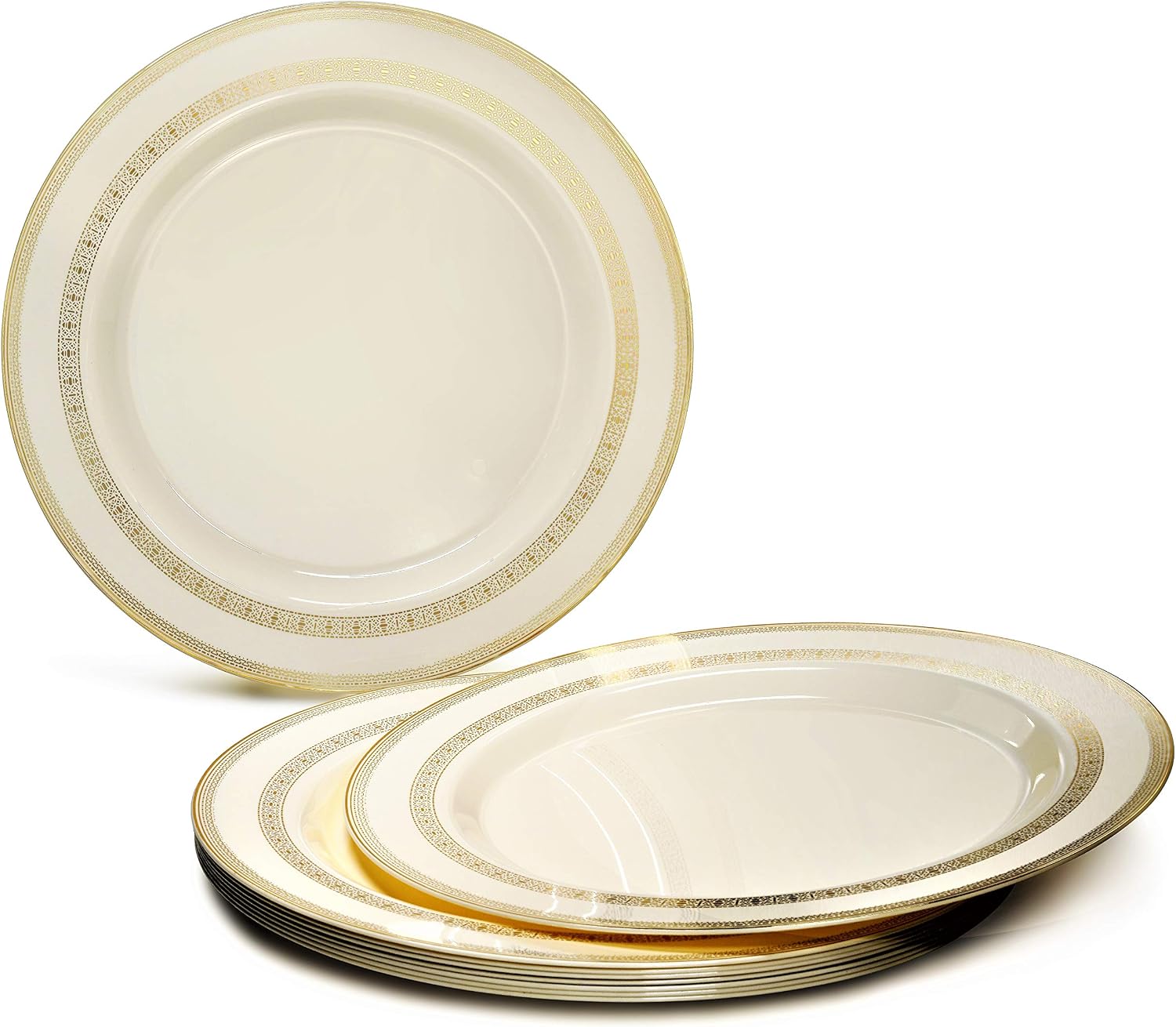 ' OCCASIONS ' 840pcs set (120 Guests)-Heavyweight Wedding Party Disposable Plastic Plate Set-120 x 10.5'' + 120 x 6.25'' + Gold Silverware + Cups + Napkins (Lace Ivory & Gold Rim)