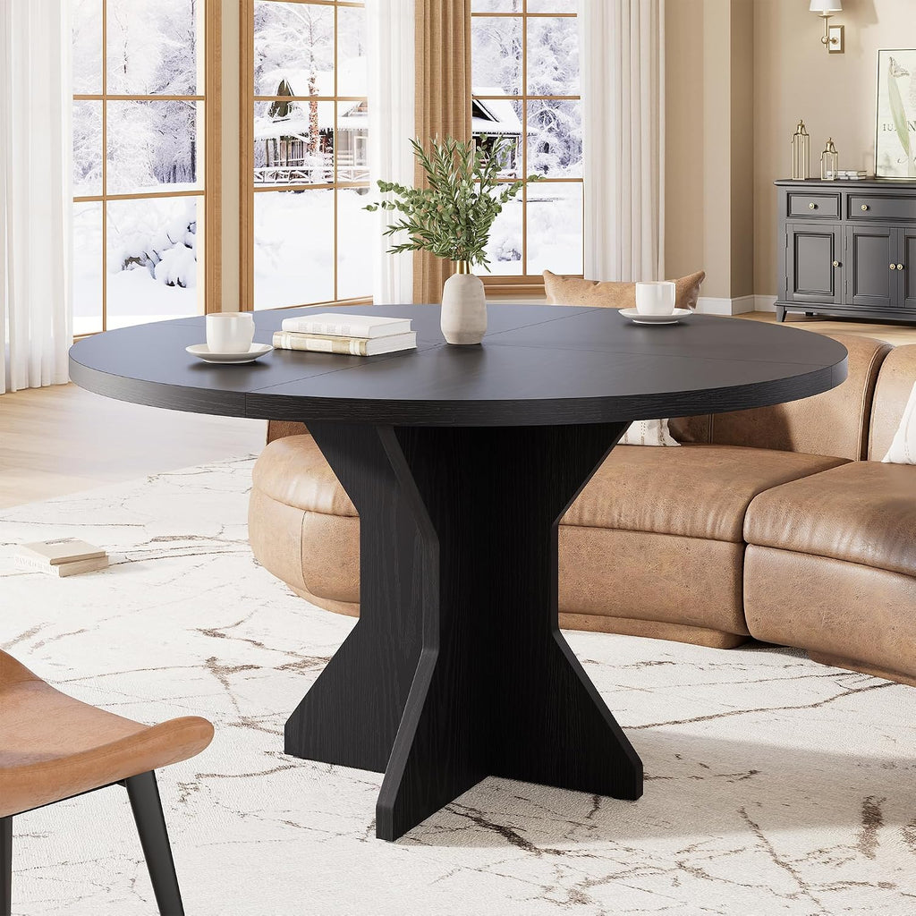 IDEALHOUSE Round Dining Table, 47' Kitchen Table for 4-6 People, Circle Tables with Sturdy Pedestal Base, Space Saving Dinning Room Furniture for Living Room, Kitchen, Apartment, Black