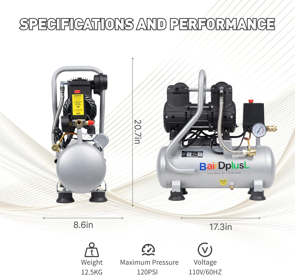 BairDplusL 3.2 Gallon Ultra Quiet Air Compressor 110V/60Hz 1.5HP 8.8CFM, MAX 115PSI Steel Tanks Oil-Free 70dB Noise Level Light & Quiet Portable Air Compressor for Auto Repair Spray Painting
