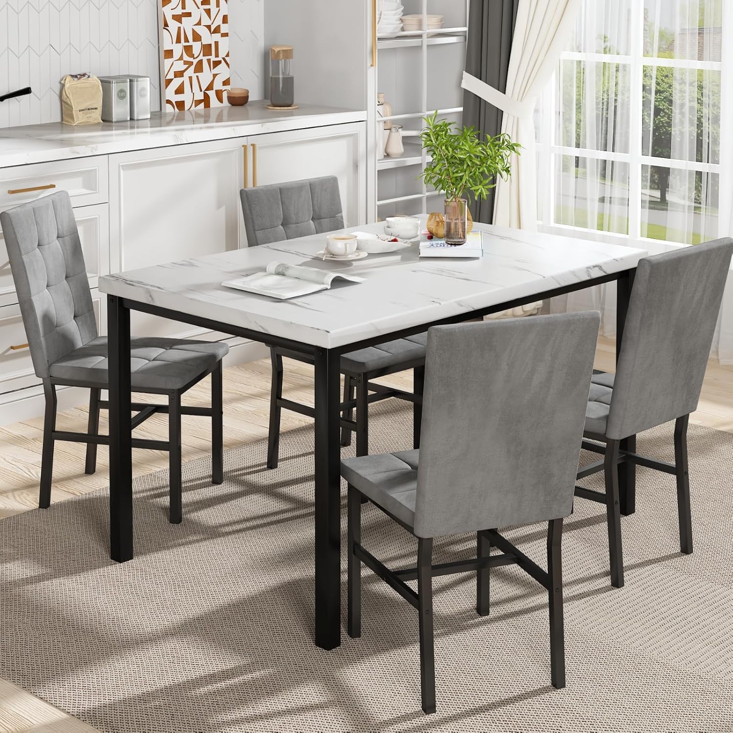 Hooseng Dining Room Table Set 5 Piece Dining Table Set Marble Dining Table 4 Chair Dining Table Set for Kitchen Living Room Breakfast Small Spaces (White & Grey)