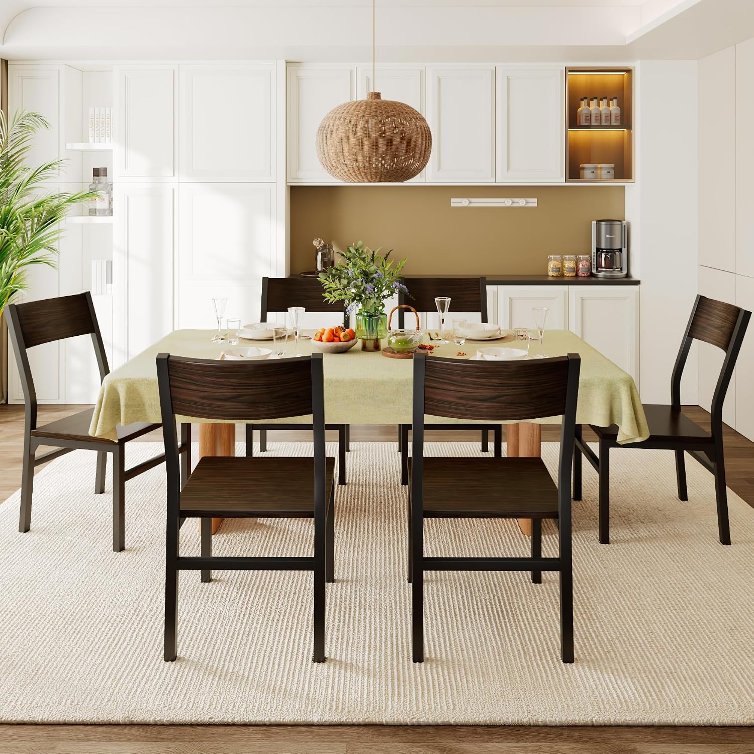 Feonase Dining Chairs Set of 6, Modern Kitchen Chairs with Ergonomic Backrest, MDF Board and Metal Legs, Dinner Chairs for Dining Room, Kitchen and Living Room, Espresso