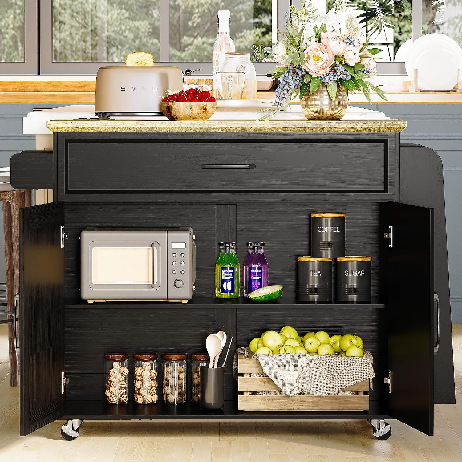 IRONCK Kitchen Island Cart with Storage, Rolling Kitchen Table with Power Outlet, Storage Cabinets on Wheels with Drop Leaf, Portable for Dining Room, Black