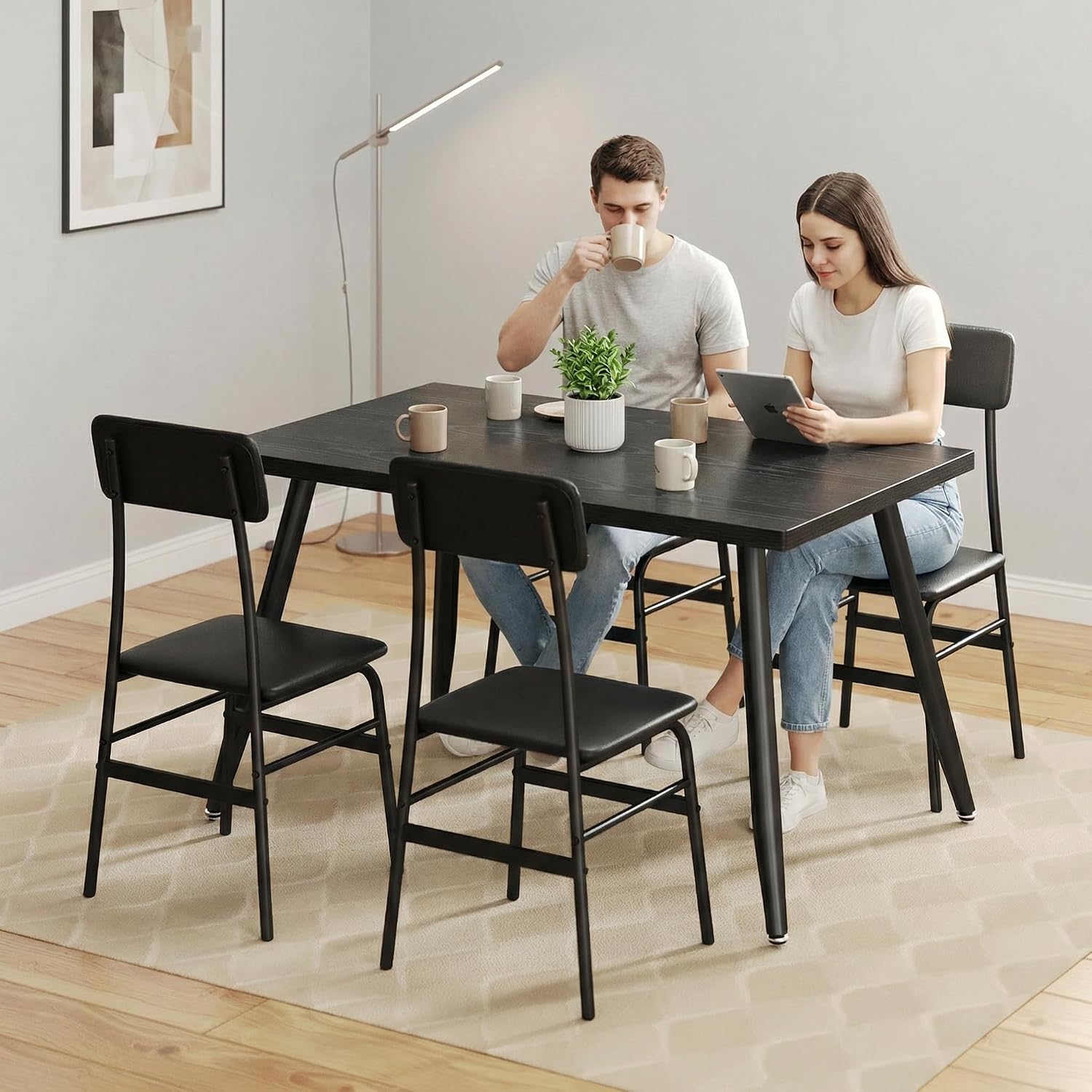 Gizoon Dining Room Table Set for 4, Modern 5 Piece Kitchen Table and Chairs Set, Small Space Comedor de 4 Sillas y Mesa, Wood Top Metal Frame for Apartment, Kitchen, Living Room, Dining Room