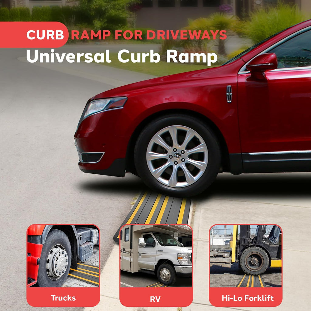 Pyle 8 Ft. Rubber Curb Ramp Set - Pack of 2 Heavy Duty Non-Slip Threshold Ramps for Driveways & Sidewalks, Waterproof, Yellow Reflective Strips, Expansion Screws Included, 48''x16''x2.6'' Inches
