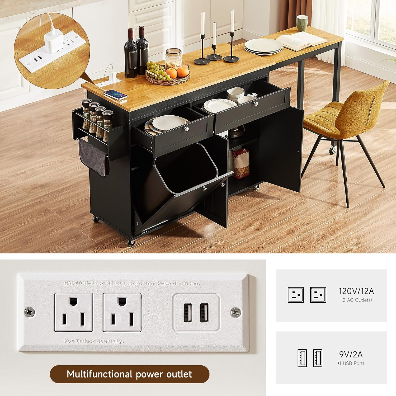 ONBRILL Kitchen Islands with Extendable Dining Table, 81.7' Mobile Kitchen Storage Islands, Rolling Kitchen Cart with Trash Cabinet, Power Outlet, Spice Rack & Towel Rack (Black)