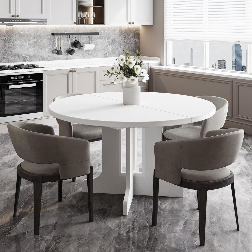 Feonase 59' Round Extendable Dining Room Table for 6, Modern Oval Kitchen Table with Heavy Duty Wood Base, for Kitchen Dining Living Room, Easy Assembly, Noise-Free, White