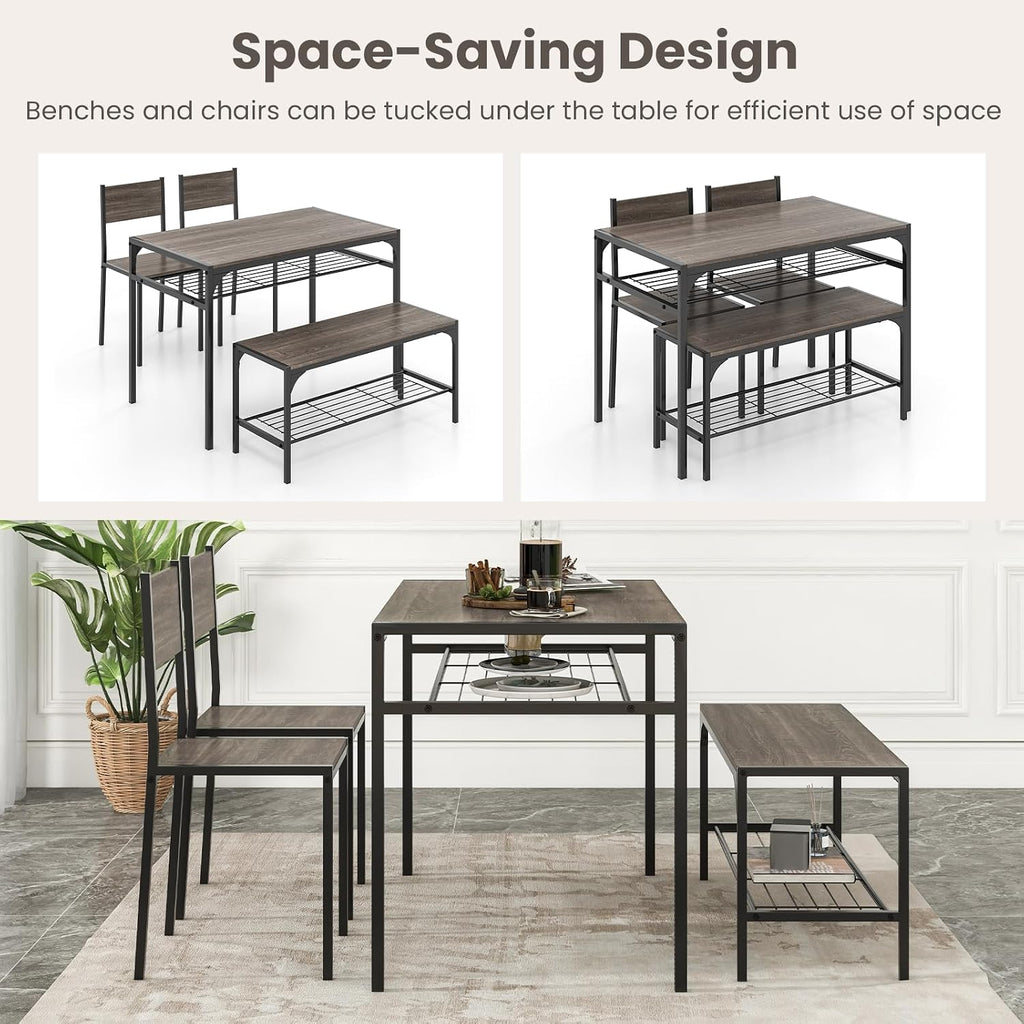 Tangkula Dining Table Set for 4, Kitchen Table and 2 Chairs for 4 with Bench, Additonal Storage Rack, 4 Piece Dining Table Set for Small Space, Apartment