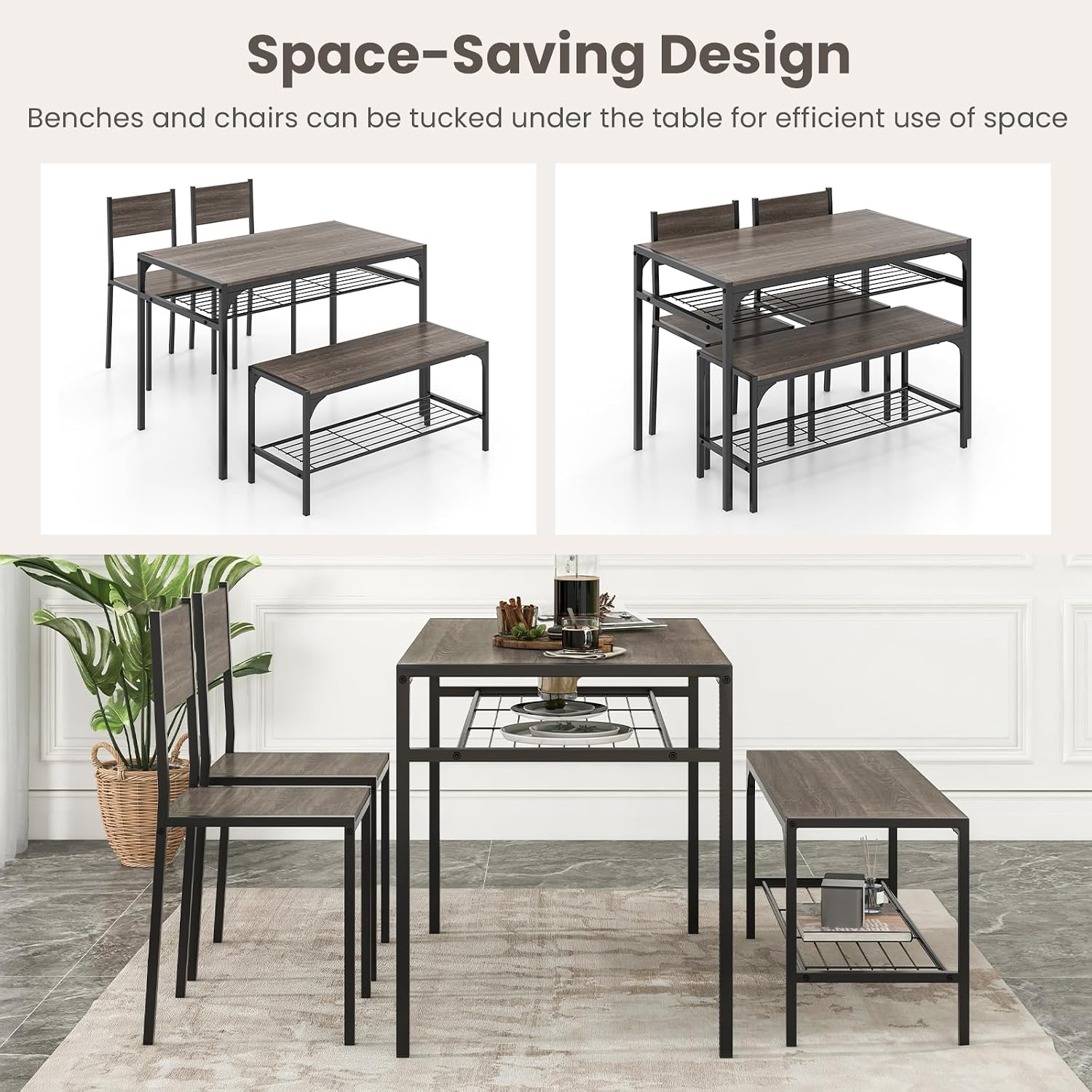 Tangkula Dining Table Set for 4, Kitchen Table and 2 Chairs for 4 with Bench, Additonal Storage Rack, 4 Piece Dining Table Set for Small Space, Apartment