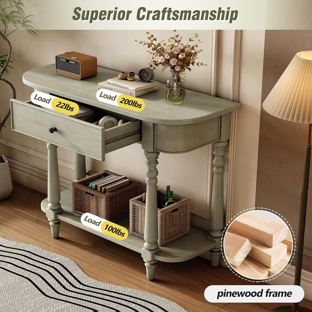 LKTART Small Entryway Table with Solid Wood Frame and Legs,2 Tier Farmhouse Console Table with Open Shelf for Hallway,Couch Table Behind Sofa for Living Room,Hallway,Foyer(Gray 36')