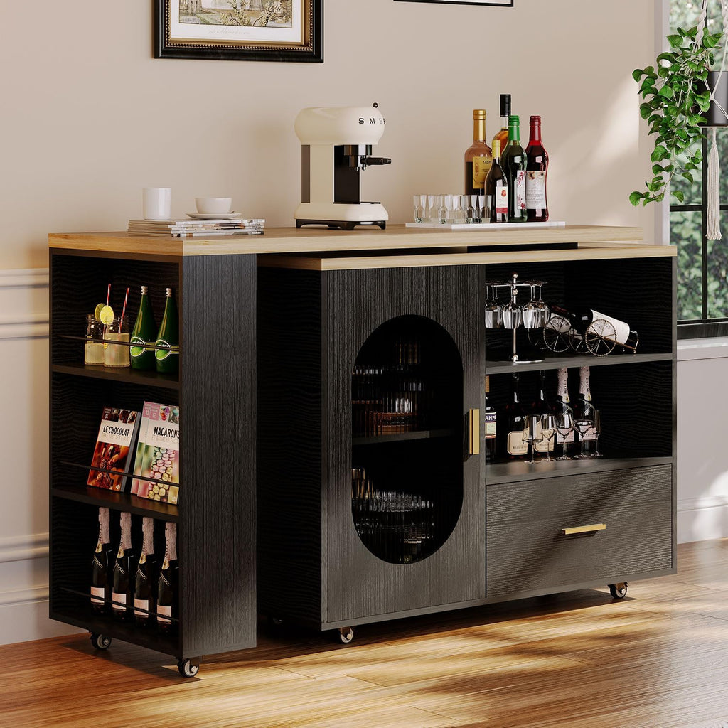 HSH 72' Rolling Kitchen Island with Seating, 360° Swivel Table, Kitchen Island with Storage Cabinet, Drawer & Shelves, Farmhouse Mobile Island Cart on Wheels for Dining Room & Home Bar, Black Oak
