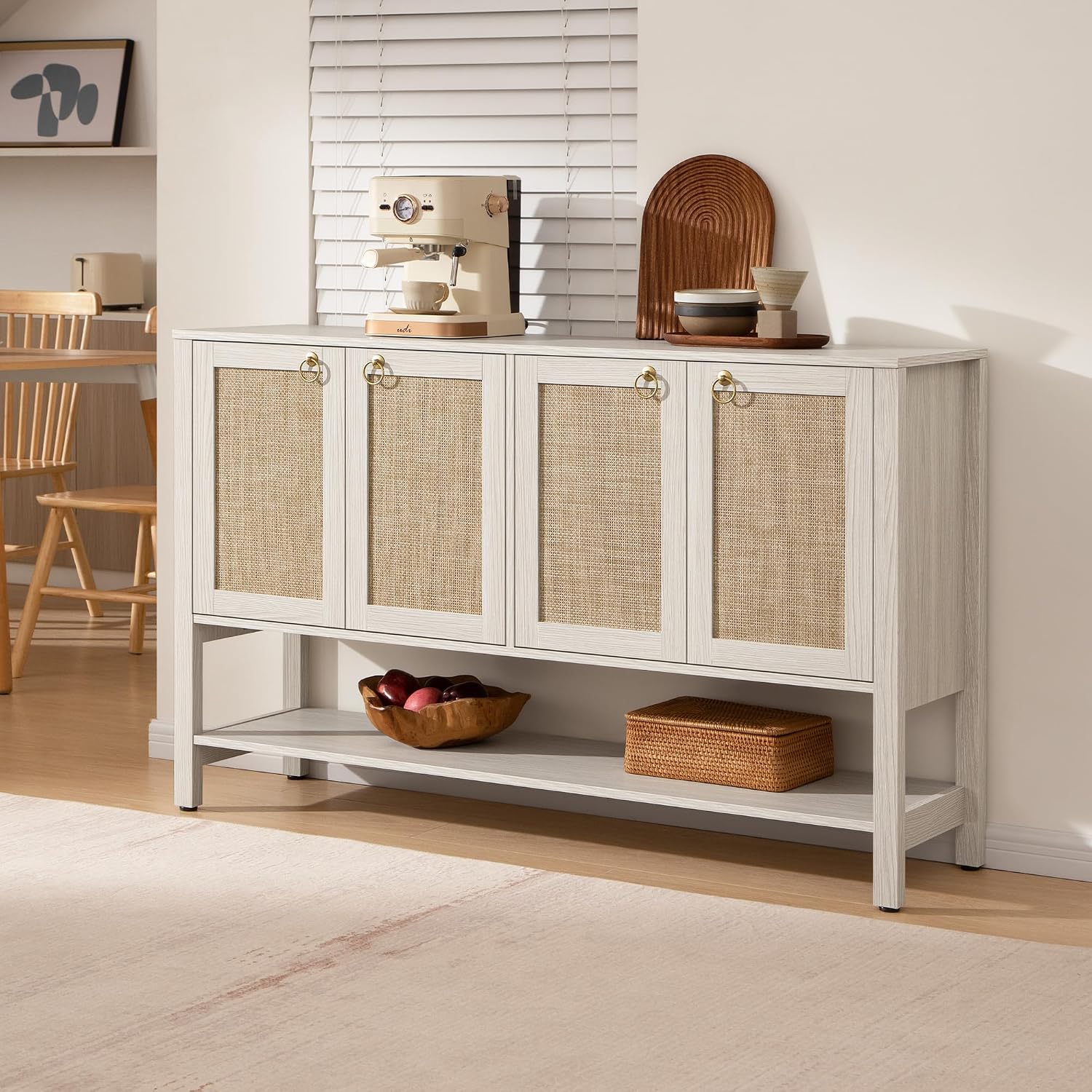 SICOTAS Rattan Sideboard Buffet Cabinet with Open Storage - Large Storage Cabinet with 4-Doors and Adjustable Shelves, Boho Credenza Coffee Bar Cabinets Buffet Table Console Table for Kitchen,Hallway