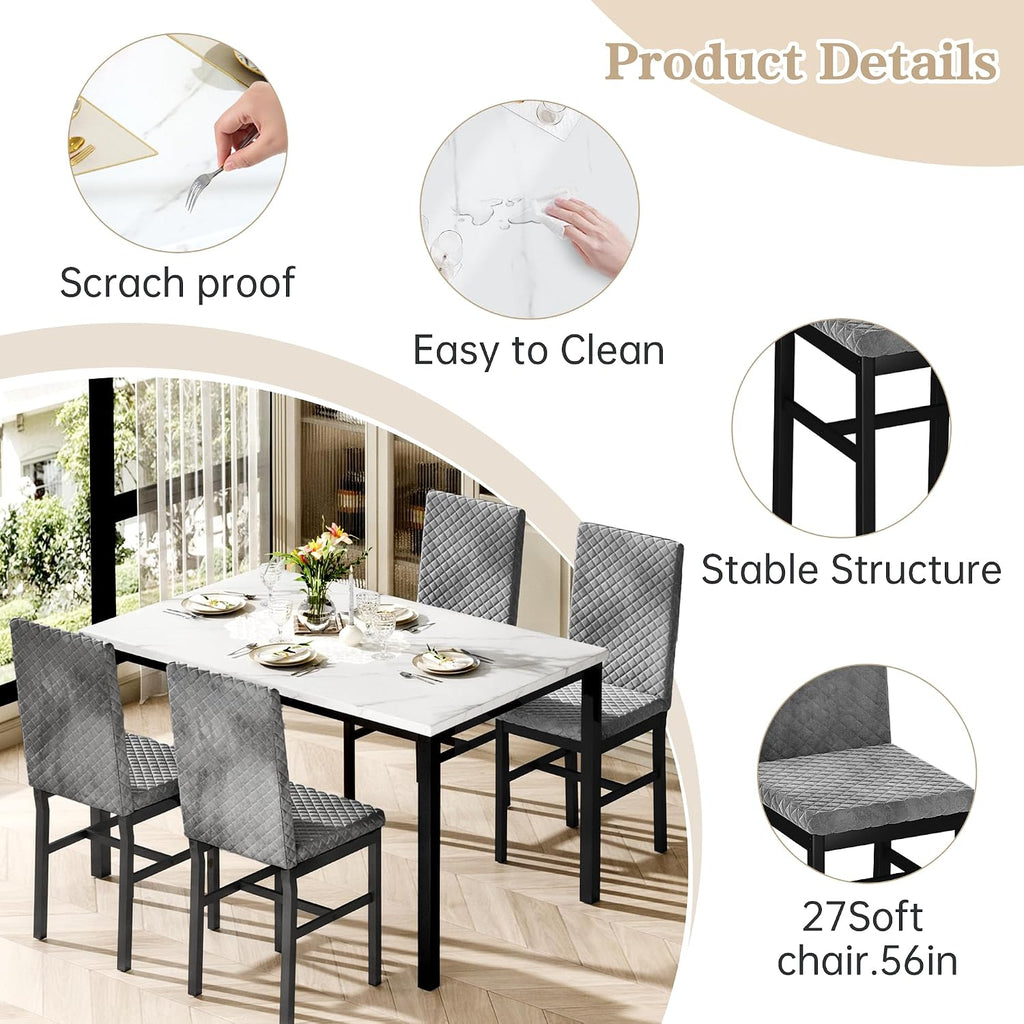Hooseng Kitchen Table Set 5 Piece Dining Room Table Set Marble Dining Table 4 Chair Dining Table Set for Kitchen Living Room Breakfast Small Spaces (Grey)