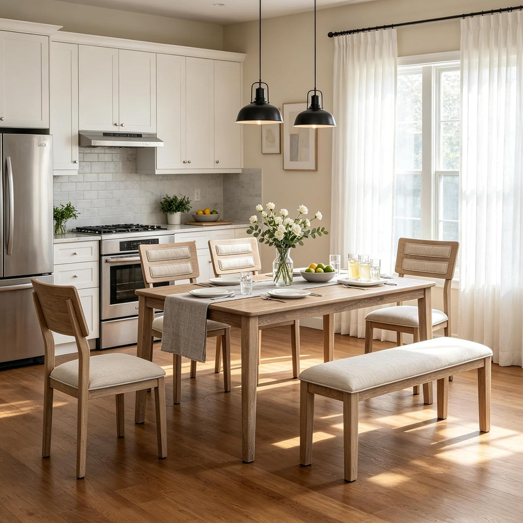 Merax 6-Piece Farmhouse Dining Table Set for 6, Solid Wood Rectangle Kitchen Table with 4 Upholstered Chairs & 1 Bench, Rustic Dining Room Set- Natural Wood Wash