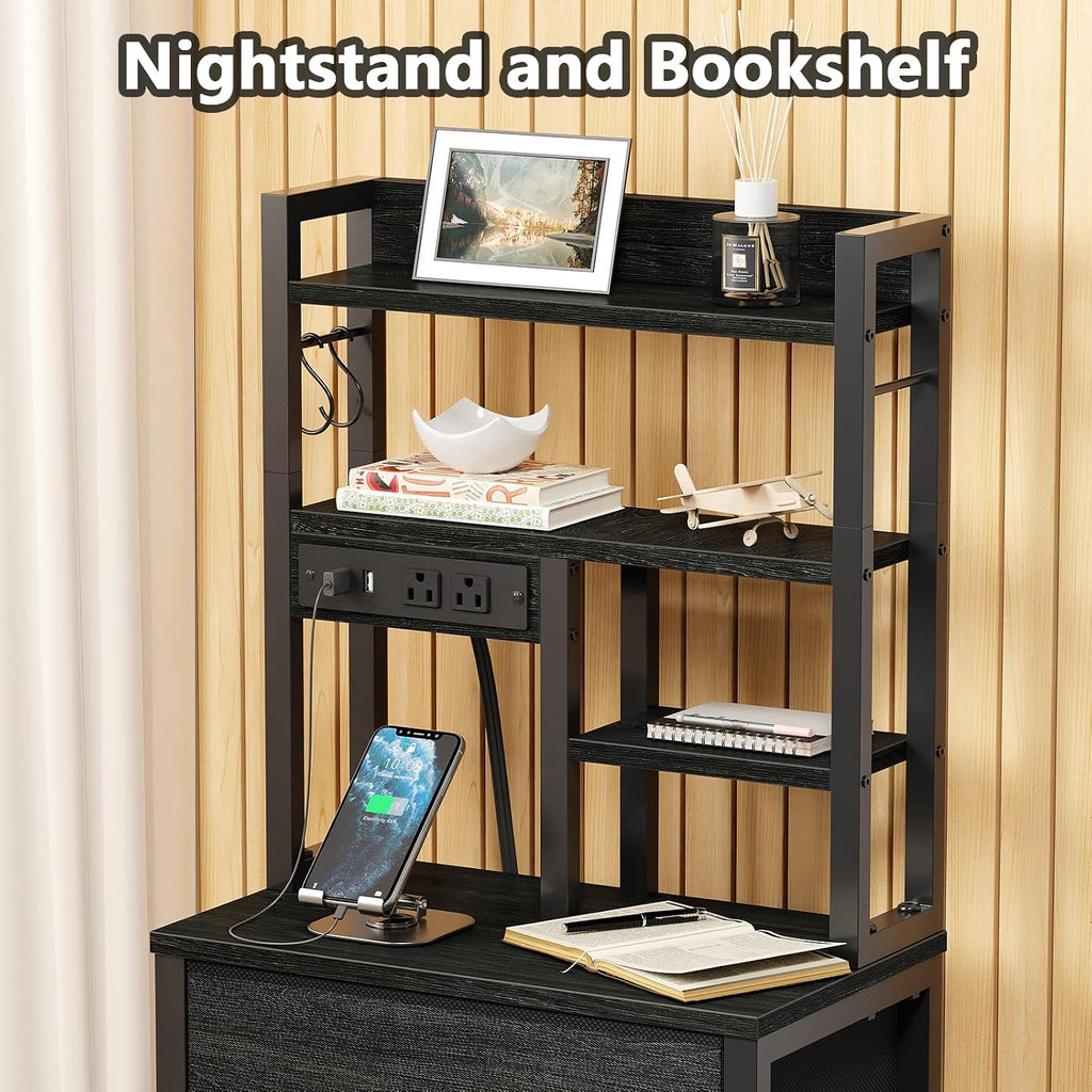 Furnulem Nightstands Set of 2, Tall Night Stand with Charger Station and USB Ports, 4 Fabric Drawers and Led Lights, Bed Side Table for Bedroom/Dorm/Office, Black Oak