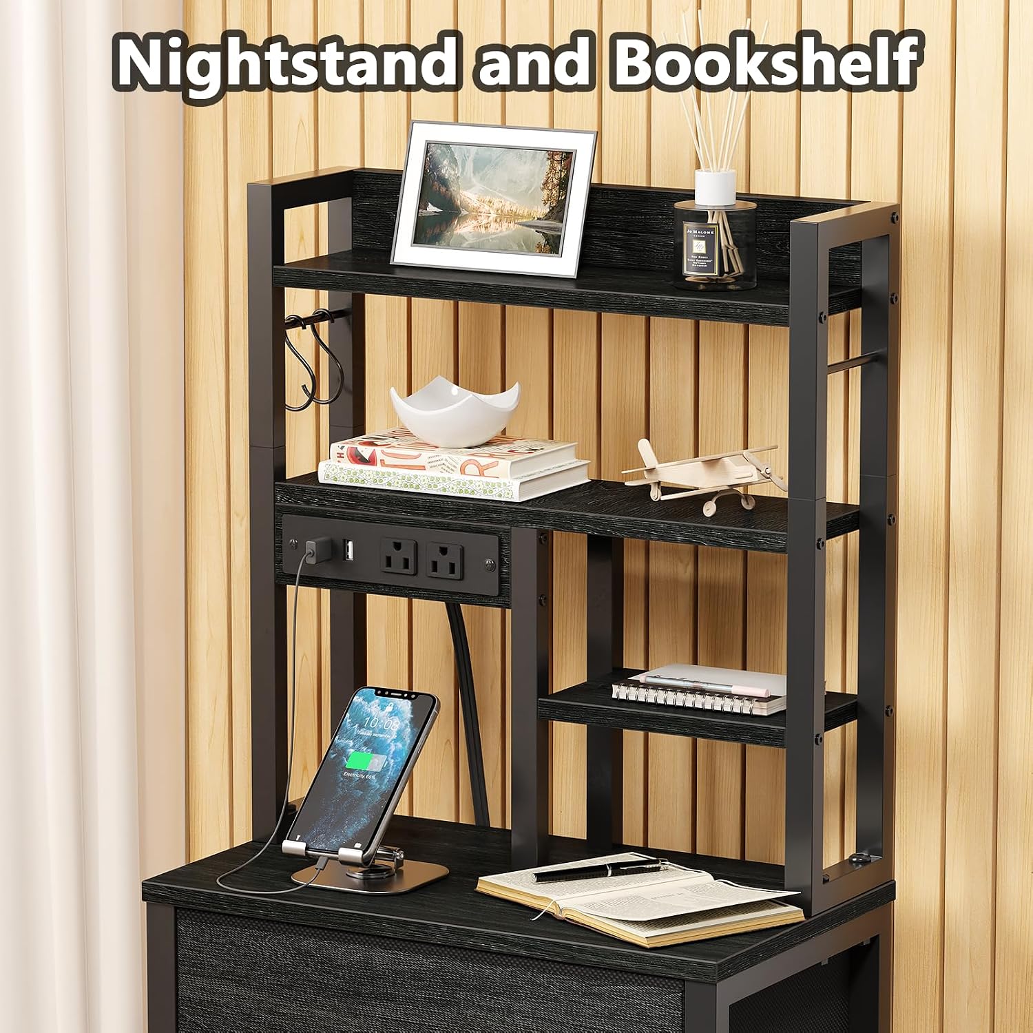 Furnulem Nightstands Set of 2, Tall Night Stand with Charger Station and USB Ports, 4 Fabric Drawers and Led Lights, Bed Side Table for Bedroom/Dorm/Office, Black Oak