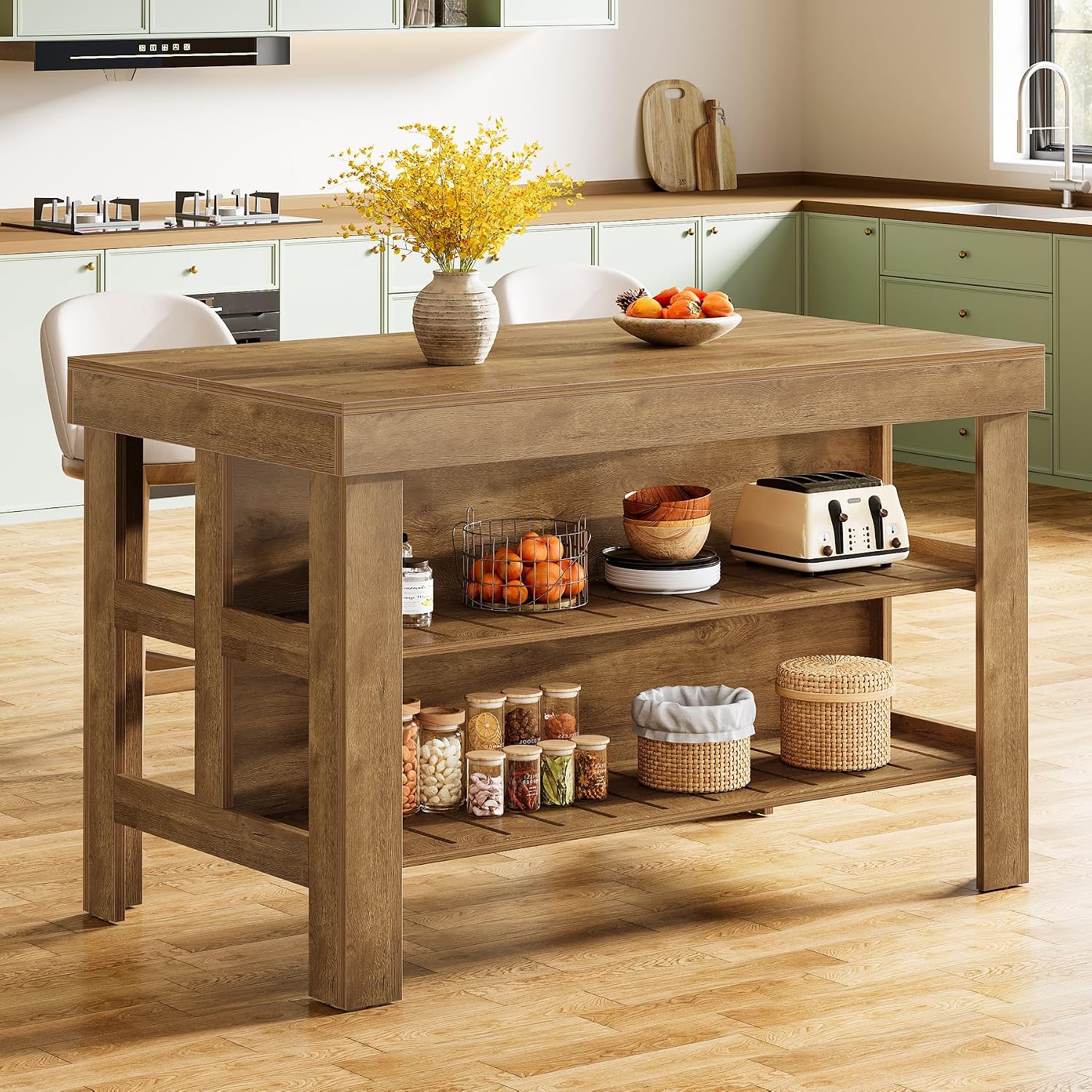 Tribesigns Kitchen Island with Seating and Storage Shelves, 55.1-Inch Breakfast Counter Farmhouse Island Table for Kitchen Dining Room (All Brown)