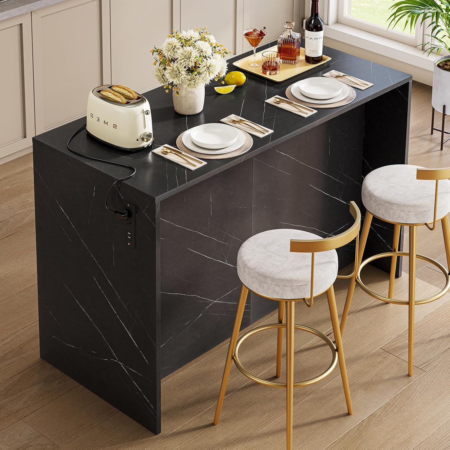 ONBRILL 47.3' Kitchen Island with 2 Storage Cabinets & 4 Drawers, Modern Imitation Marble Dining Table with Power Outlet, Island Bar Table for Kitchen, Dining Room, Living Room, Black