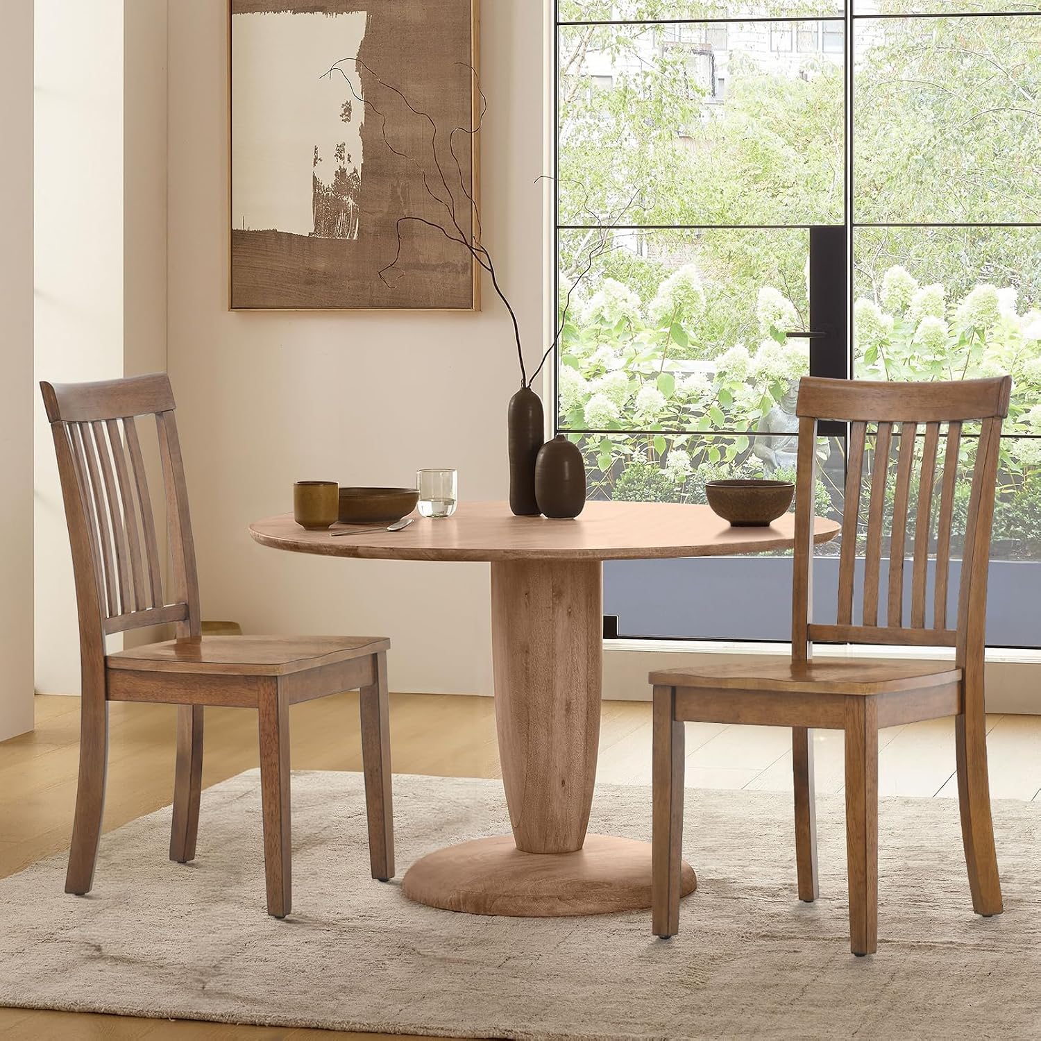 COLAMY Farmhouse Dining Chairs Set of 2, Light Brown Wooden Dining Room Chairs, Windsor Spindle High Back Side Chairs, Armless Rubberwood Kitchen Table Chairs