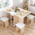 AWQM Foldable Dining Table Set for 4,Folding Dining Table with 4 Leather Chairs & Storage,Drop Leaf Dinner Table with 6 Wheels,Folding Kitchen Table and Chairs Set for Small Spaces, Beige White