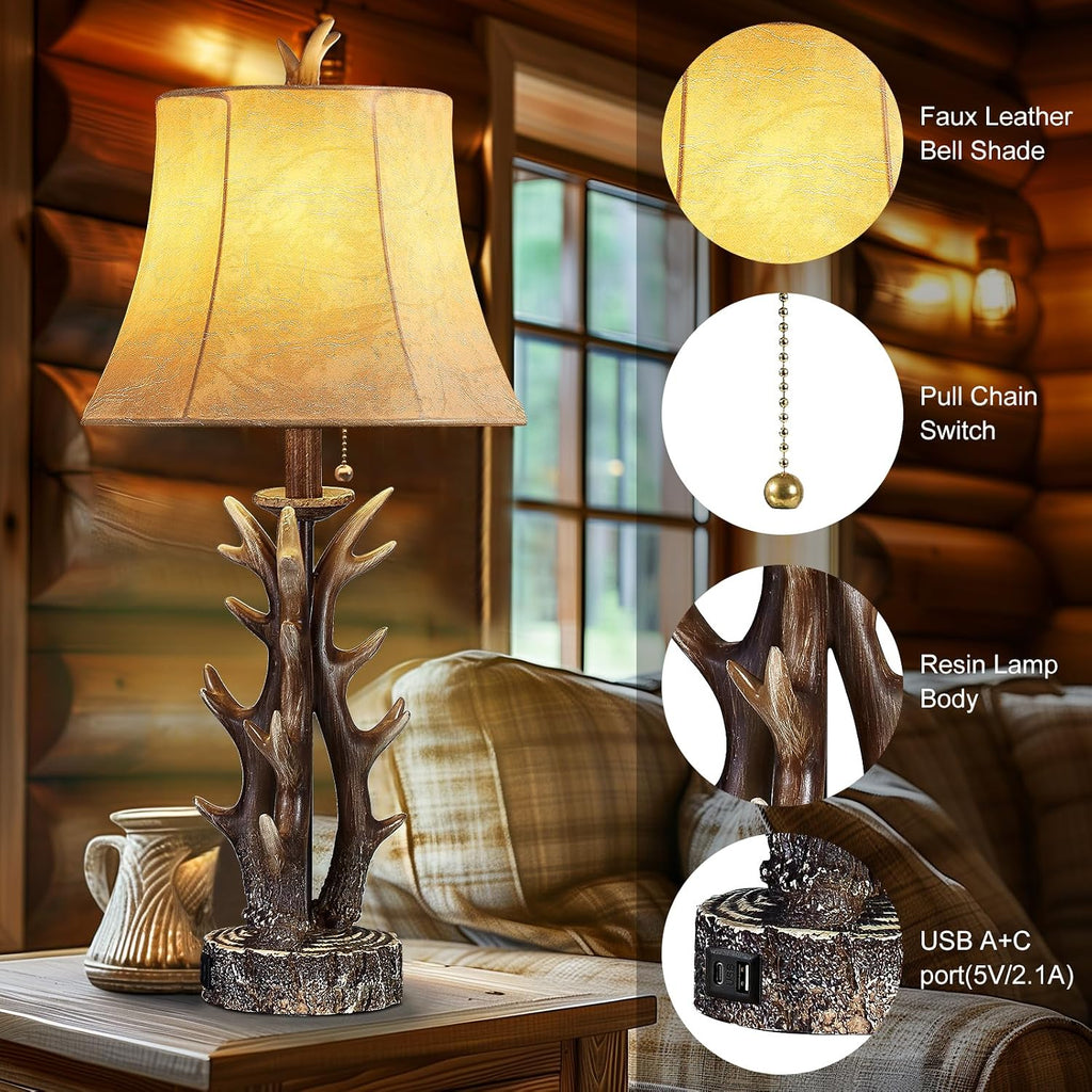 Antler Table Lamps Set of 2 with USB A+C Ports 28' Tall Rustic Farmhouse Deer Bedside Lamps with Faux Leather Bell Shade for Bedroom Living Room Office Decor Western Cabin End Table Lamp, Pull Chain