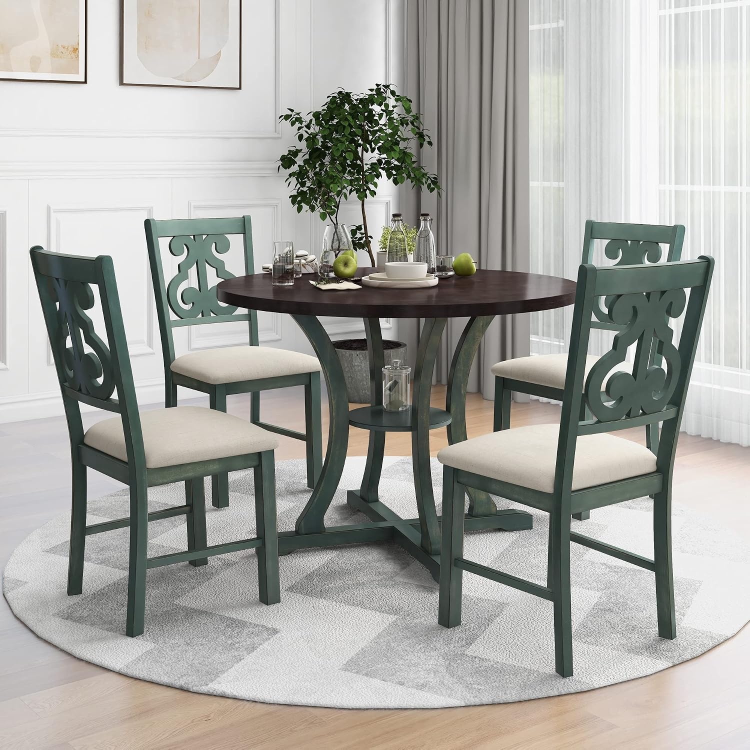 LUMISOL 5-Piece Dining Table Set for 4, Farmhouse Round Kitchen Table Set with Special Shaped Legs and 4 Upholstered Chairs for Kitchen, Dining Room, Small Space, Antique Blue