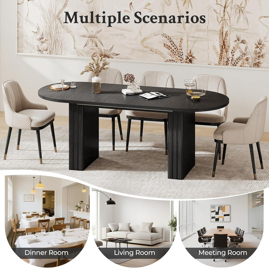 Zevemomo 62.99'-78.74' Oval Expandable Dining Table, Extendable Dining Room Table for 4-8 People with Wooden Strip Base, Modern Kitchen Table with Slide Metal Track, for Family Living Room-Black